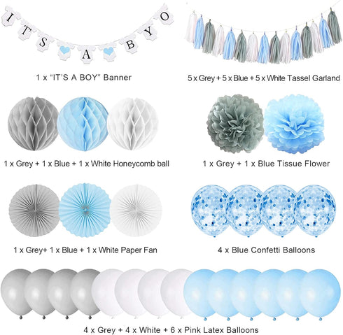 It’s A Boy Baby Shower Decorations with Banner, Paper Fan, Tissue Pompoms, Balloons, Blue and Grey