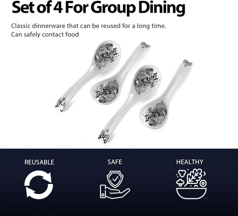 Set of 4 Dragon Ceramic Soup Spoons, 6.2 Inch Asian Spoons for Chinese, Korean, Japanese Ramen and Pho