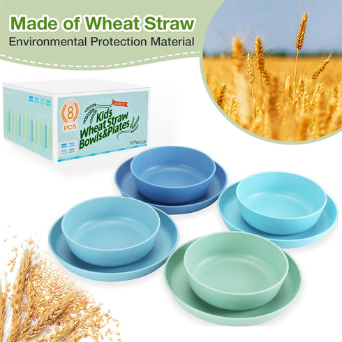 Mfacoy Wheat Straw Kids Plates and Bowls Set, Unbreakable Kids Dinnerware Set - 4 Pcs 7.75" Dinner Plates & 4 Pcs 18 oz Cereal Bowls, BPA Free, Microwave & Dishwasher Safe, Reusable Childrens Dishes by Mfacoy