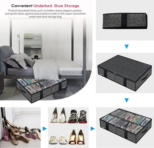 Onlyeasy 2 Pack Under Bed Shoe Storage Bag Organizer for 14+4 Pairs, Collapsible Container with Handles - Linen-like