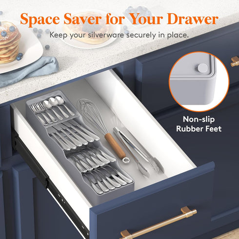 Lifewit Compact Flatware Drawer Organizer, Narrow Silverware Tray for Kitchen Drawers, Plastic Cutlery Holder for Spoons, Forks and Knives, Utensils Storage Organization, Gray by Lifewit