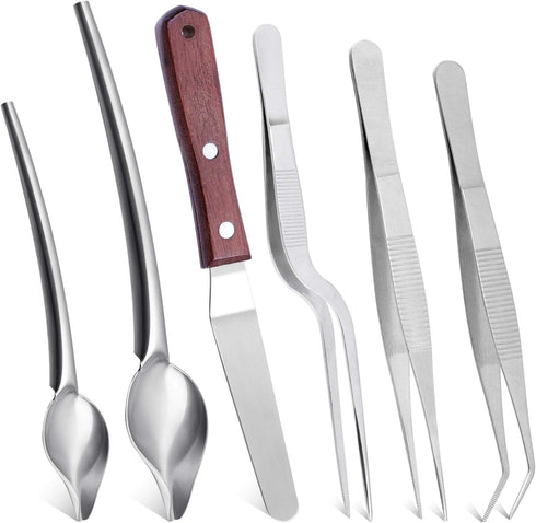 Cridoz 6 Pcs Precision Tongs Stainless Steel Kitchen Cooking Tweezers, Drawing Spoons, Offset Spatula for Food Plating