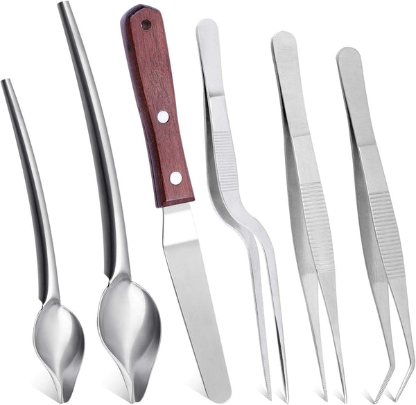 Cridoz 6 Pcs Precision Tongs Stainless Steel Kitchen Cooking Tweezers, Drawing Spoons, Offset Spatula for Food Plating