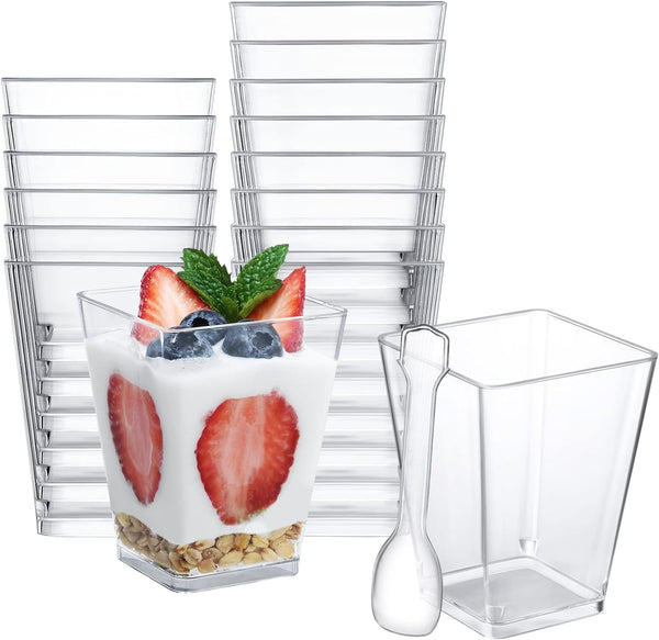 SHOPDAY 5 oz Plastic Dessert Cups 100 Pack Small Clear Square Parfait