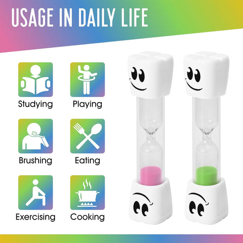 2 -Set 4 TeaherFav Minute Toothbrush Sand Timer for Kids of Small Blue, Pink, Yellow and Green Smiley Hour Glass