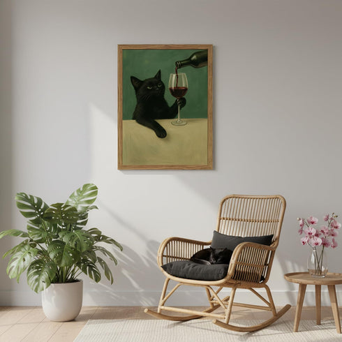 8x10 Inch Funny Black Cat Wall Art Moody Black Cat with Wine Glass Canvas Wall Decor Whimsical Animal Bar Cart Poster