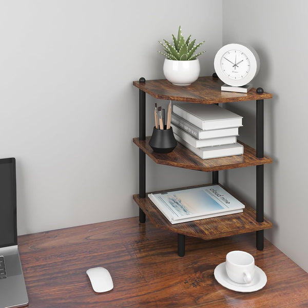 Desktop Corner Stand Shelf for Storage, 3 Tier Rustic Brown Organizer Rack for Small Spaces, Home Office, Kitchen,
