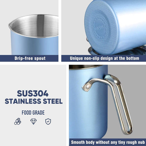 Chihee 2L Stainless Steel Grease Container with Fine Mesh Strainer, Dust-proof Lid, Non-slip Tray for Kitchen