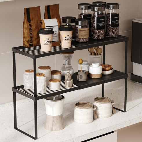 Magheo Expandable Cabinet Shelf Organizer, 2 Pack Stackable Kitchen Counter Shelf Riser,
