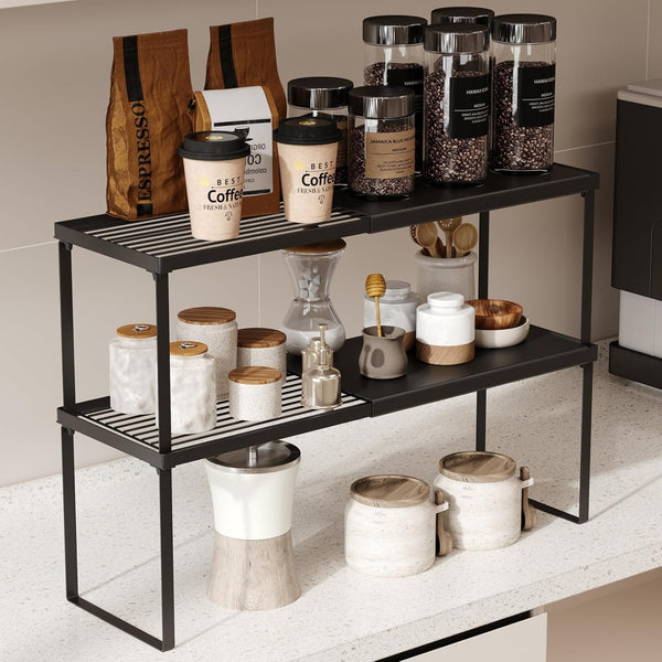 Magheo Expandable Cabinet Shelf Organizer, 2 Pack Stackable Kitchen Counter Shelf Riser,
