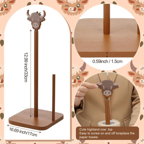 Leinuosen Countertop Brown Paper Towel Holder Cute Highland Cow Wooden Paper Towel Holder Brown Bathroom Accessories