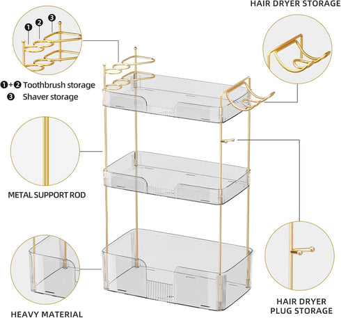 3 Countertop Akinbas Tier Bathroom Organizer Makeup Perfume Tray Skincare Organizer Comes with Hair Dryer Rack