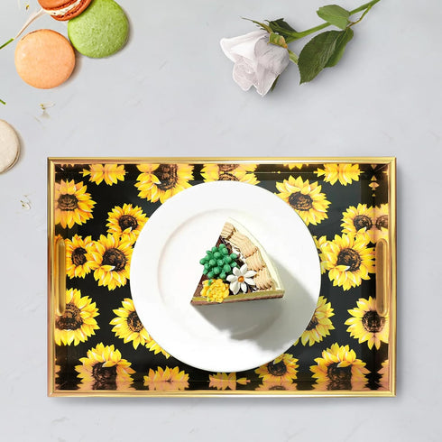 Set 2, Sunflower Gold Decorative Tray of Plastic Serving Tray with Handles, Rectangular Coffee Table Tray, Nesting