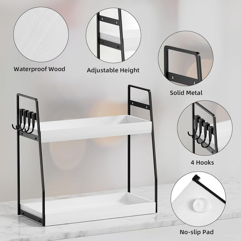VITVITI 2-Tier Bathroom Organizer Countertop, Wood Storage Shelf with Hooks for Bathroom Corner Sink Vanity, White