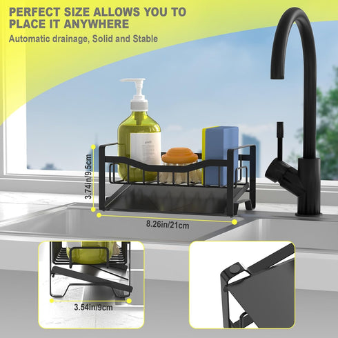 Kitchen Sink Caddy Organizer, Sponge Holder with Stainless Steel Auto Drain Tray for Kitchen Countertop Storage Gadgets
