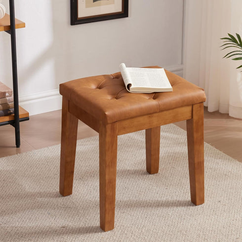 Upholstered Ottoman Stool with Padded Seat, Tufted Vanity Stool with Solid Wood Legs, Accent Stools, Faux Leather
