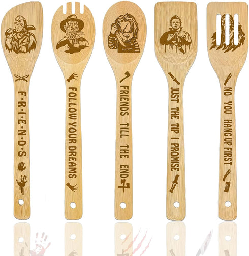 Horror Movie Merchandise Wooden Spoons for Cooking, Natural Bamboo Kitchen Utensils Set, 5 Pack