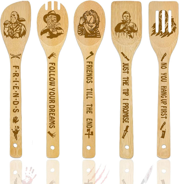 Horror Movie Merchandise Wooden Spoons for Cooking, Natural Bamboo Kitchen Utensils Set, 5 Pack