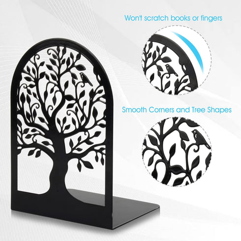 6.5 4.7 3.5 Inch(3 Pairs/6 HappyHapi Book Ends, Metal Bookends for Shelves Decorative, Tree Stopper for Heavy Books