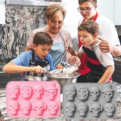 2 Pack 3D Skull Silicone Molds, 8 Cavity Skull Themed Baking Tray for Chocolate Cake, Dessert, Cupcake Topper