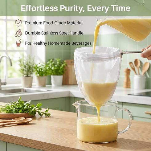 RAINFLOW 3 Fine Mesh Strainer Bags - Reusable Cheese Cloth Bags with Stainless Steel Handle for Straining, Coffee