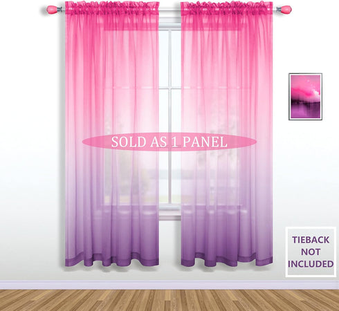 Pink and Purple Curtains for Girls Bedroom Decor, 1 Single Panel Pocket Window Voile Pastel Sheer Ombre Rainbow (63