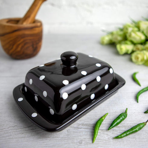 Countertop City to Cottage Large Ceramic Butter Dish With Lid for - Handcrafted Black and White Polka Dot Keeper