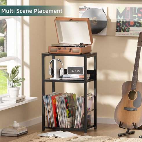 3-Tier 120 Albums, LELELINKY Record Player Stand, End Side Table with Vinyl Record Storage, Vinyl Record Holder Up