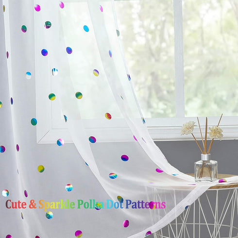 Urban Lotus White Sheer Curtains for Bedroom, 63-inch Metallic Polka Dot Window Curtain Panels for Kids Room