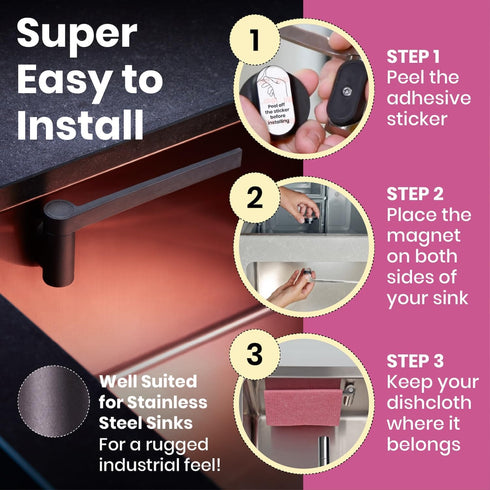 Setup Magnetic Dishcloth Holder - Composite, Peel-and-Stick Mount - Peel-and-Stick for Sink Caddy - Magnetic Grip