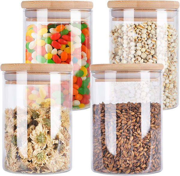 4 Pack Glass Storage Jars with Airtight Bamboo Lid - 27 OZ Kitchen Canisters for Coffee, Dry Goods, Spices