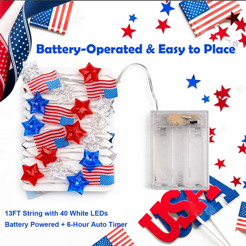 Libreath 4th 13FT 40LED of July Decorations Red White and Blue Star American Flag Lights Fairy String Lights Battery
