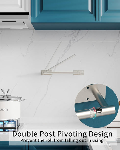 Paper Towel Holder Under Cabinet, Self Adhesive or Wall Mounted SUS304 Stainless Steel Paper Towel Holder for Kitchen, Bathroom(2 Towel Hooks, Sliver)