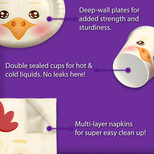 Chicken Birthday Party Supplies Set, Tableware Kit for 16, Plates, Napkins, Cups
