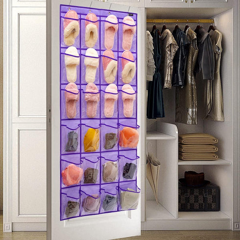 24 Modern Over the Door Shoe Rack Organizer with Clear PVC Pockets, Purple