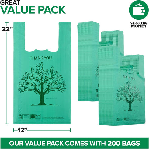 200 Pack Thank You Bags Disposable Grocery T Shirt Bags with Handles for Supermarket Groceries Produce Shopping Trash