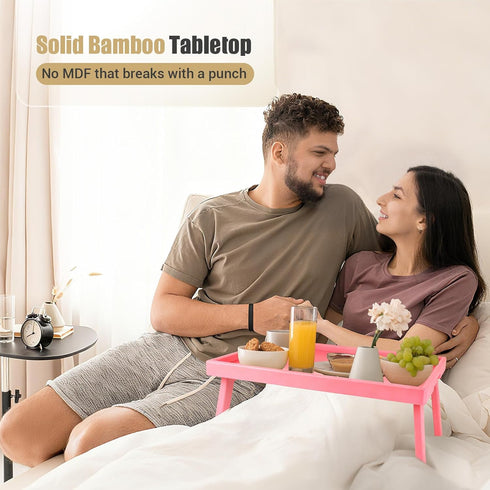 Bamboo Bed Table Tray with Support Bar and Foldable Legs, Breakfast Food Trays Table for Bed Sofa Eating and Laptops