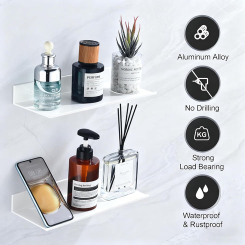 30cm, 2 Pack, HNVNER White Adhesive Shower Caddy Floating Bathroom Shelves for Wall Metal Bathroom Wall Shower Shelves
