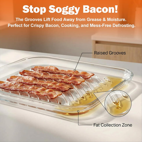 9.84inch, Microwave Bacon Cooker Pan, Square Glass Bacon Tray for Microwave and Oven Cook Crispy Strips in Minutes, No