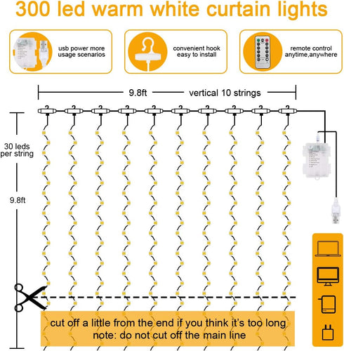 AOMIG Lights,300 Light,8 9.89.8Ft Fairy Curtain LED Warm White Window Curtain String Modes Waterproof Curtain String
