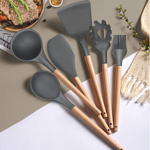 LIANYU 15-Piece Kitchen Silicone Cooking Utensils Set with Holder, Wooden Handle Kitchen Tools Include Spatula Tong Slotted Spoon Turner Whisk Brush, Black Gray by LIANYU