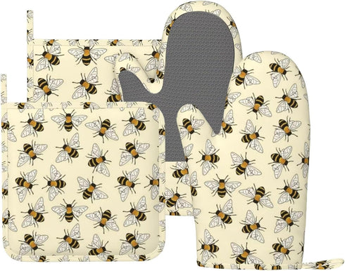 Happy Busy Bees Kitchen Mitts and Pot Holders Set, 4Pcs Silicone Bees Oven Gloves, Heat Resistant Potholders for Baking