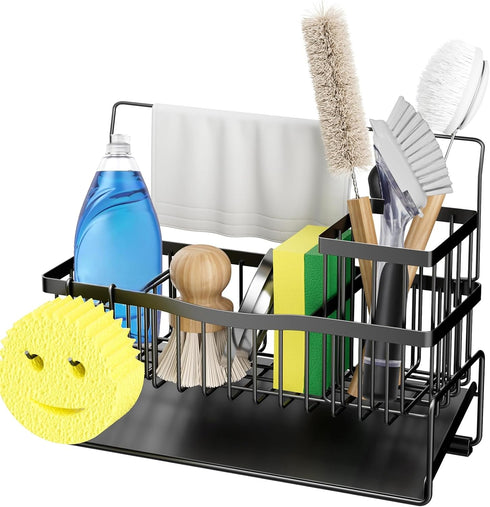 304 Countertop, Sponge Holder for Kitchen Sink Stainless Steel Self-Draining Sink Caddy with Smiley Face Sponge
