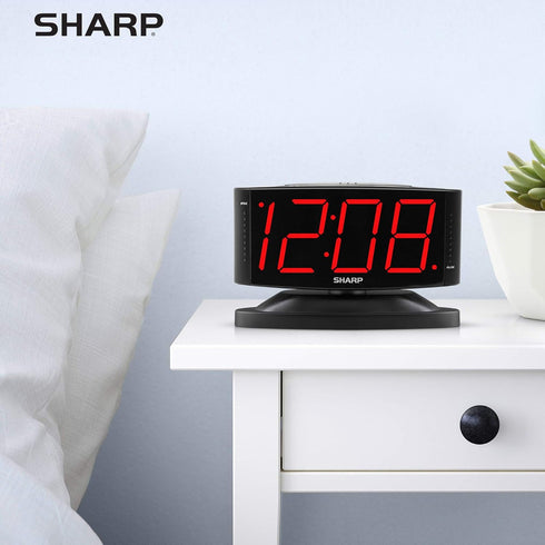 Sharp Home LED Digital Alarm Clock - Midnight Black with Red LED, Big Green Digit Display, Swivel Base, Outlet Powered