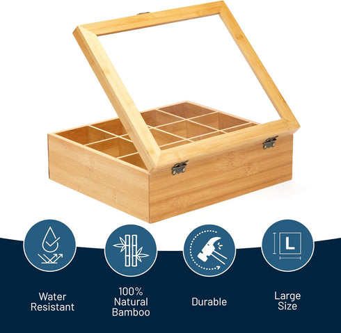 12 RoyalHouse Big Natural Bamboo Tea Storage Organizer with Clear Acrylic Top Window, Compartments Eco-Friendly Tea Bag