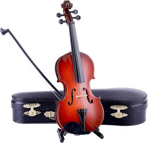 Dselvgvu (7.87"x2.76"x1.26") Wooden Miniature Violin with Stand, Bow and Case Mini Musical Instrument Violin Replica