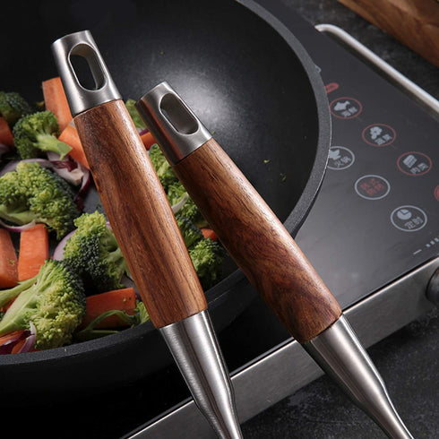 AOOSY Wok Spatula & Ladle Tool Set, 18/10 Stainless Steel Cooking Utensils, 15-inch Wooden Handle, Set of 2