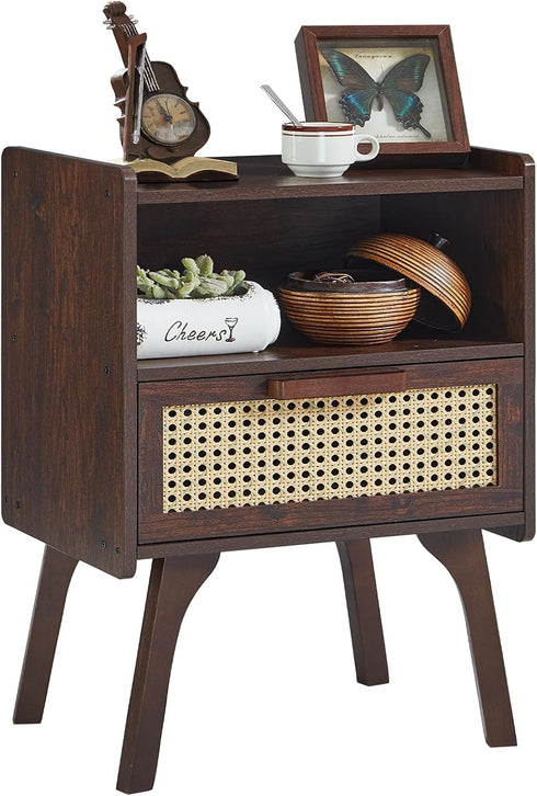 Lerliuo Rattan Nightstand, Bedside Table with Drawer Open Shelf, Cane Accent Side