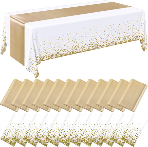 Breling 24 Packs White and Gold Disposable Plastic Tablecloths and Satin Table