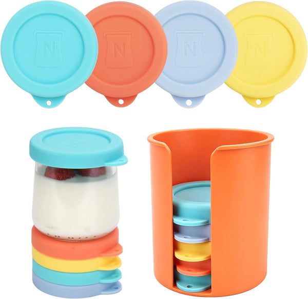 8 Pcs Silicone Oui Yogurt Jar Lids with Jar Lid Organizer, Reusable